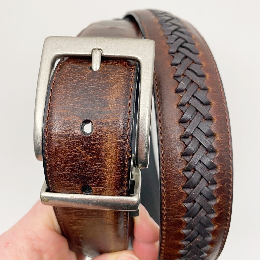 Columbia Woven Inlay Stitched Leather Casual Belt Mens 44 Brown - Picture 2 of 9